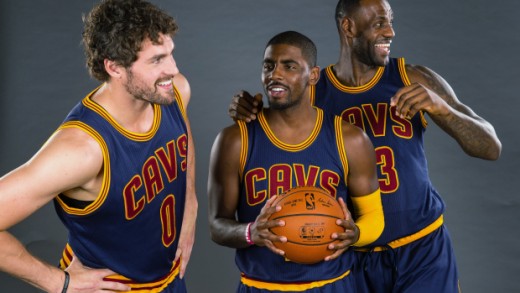 CLEVELAND, OH - SEPTEMBER 28: Kevin Love #0 Kyrie Irving #2 and LeBron James #23 of the Cleveland Cavaliers during the Cleveland Cavaliers media day at Cleveland Clinic Courts on September 28, 2015 in Independence, Ohio. (Photo by Jason Miller/Getty Images)