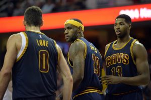 Oct 30, 2014; Cleveland, OH, USA; Cleveland Cavaliers forward LeBron James (23) talks with forward Kevin Love (0) and forward Tristan Thompson (13) against the New York Knicks at Quicken Loans Arena. New York won 95-90. Mandatory Credit: David Richard-USA TODAY Sports
