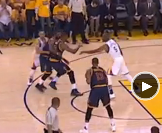 LeBron, trying to set a screen, is actually shoved into KI by AI2 while Curry bear hugs his way over a screen